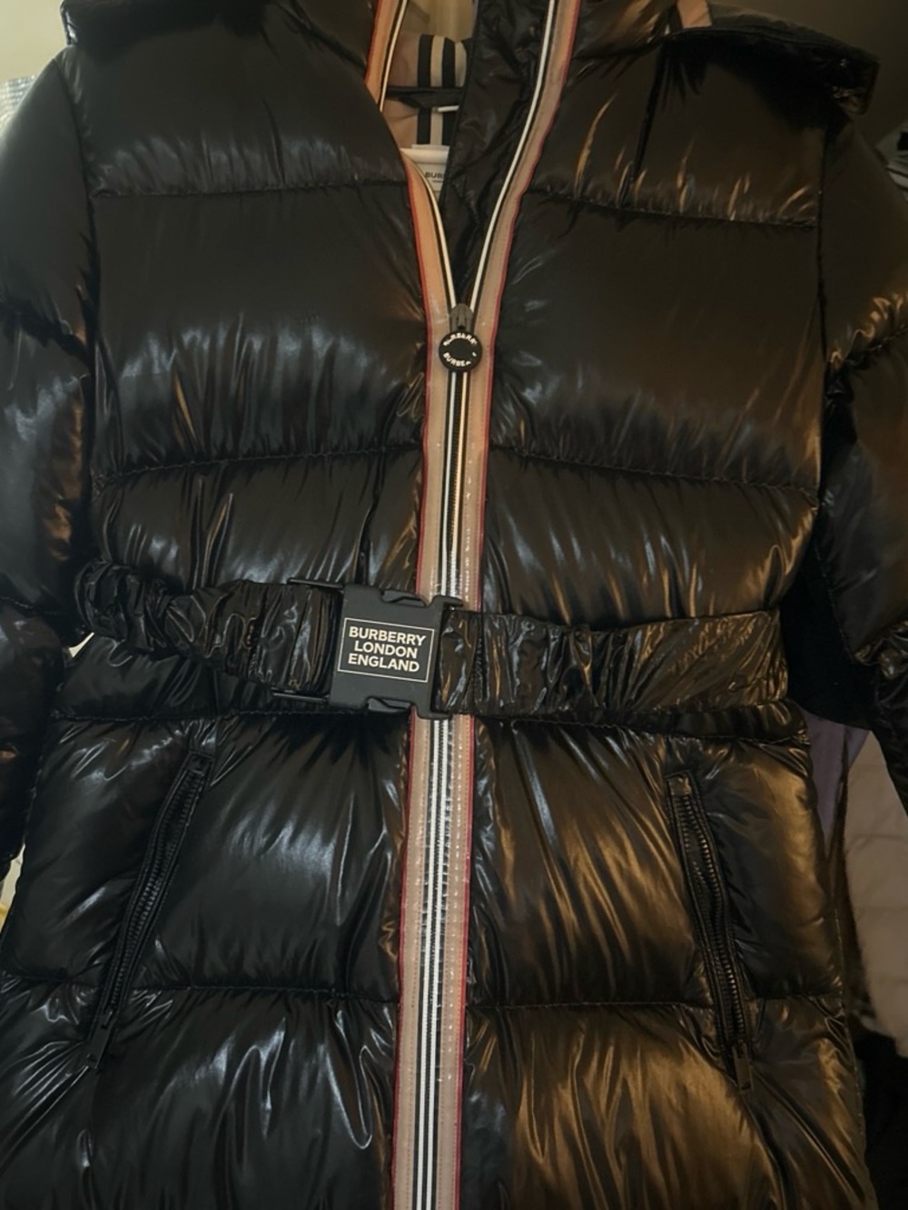 Burberry Black Quilted Glossy Puffer Coat with Belted Waist with minor damage